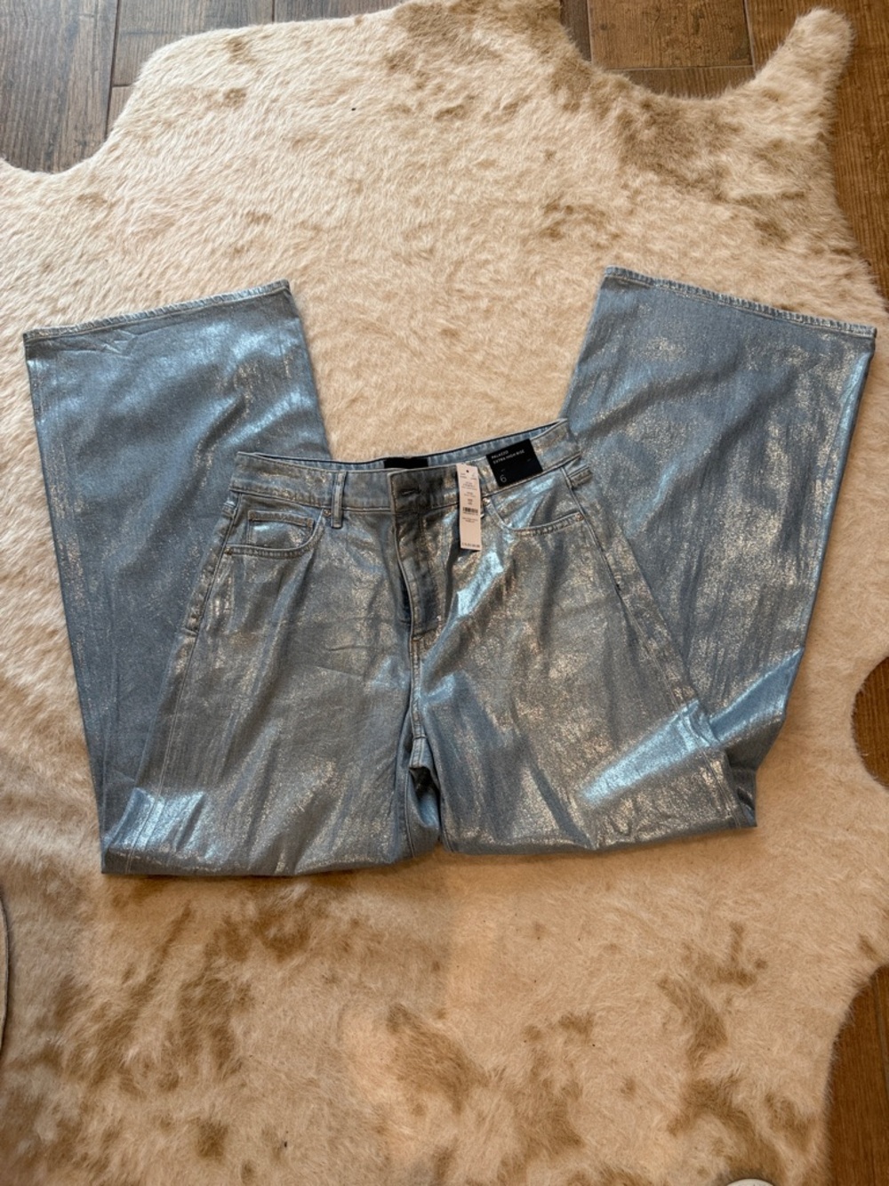 White House Black Market Metallic Silver Wide-Leg Jeans